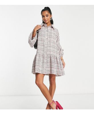 ASOS DESIGN Petite boucle mini smock shirt dress with pephem in cream and pink-Multi