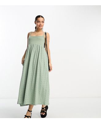 ASOS DESIGN Petite broderie and knit mix strappy midi dress in khaki-Green