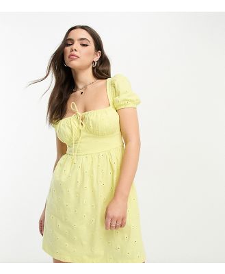ASOS DESIGN Petite broderie short sleeve mini tea dress with ruched bust in lemon-Yellow