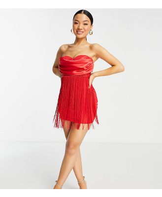 ASOS DESIGN Petite cowl bandeau fringed mini dress in red-Multi