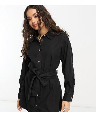 ASOS DESIGN Petite denim mini dress with belt in black