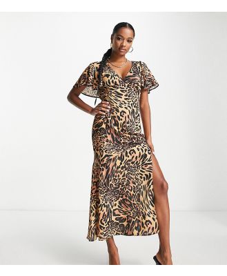 ASOS DESIGN Petite fluted sleeve midi dress with cut out back in animal print-Multi