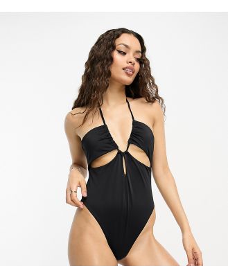 ASOS DESIGN Petite gathered ruched cut out swimsuit in black