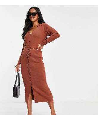 ASOS DESIGN Petite knitted midi dress with open collar and tie waist in brown