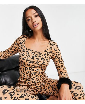 ASOS DESIGN Petite leopard top & leggings pyjama set with faux fur detachable trim in brown