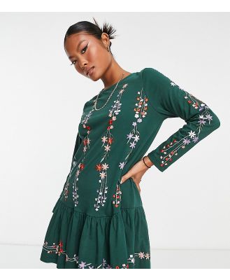 ASOS DESIGN Petite long sleeve smock dress with pep hem with floral embroidery in bottle green