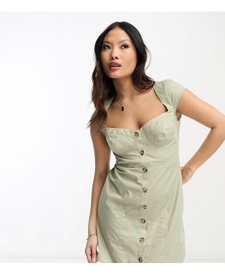 ASOS DESIGN Petite mini button through twill dress with cup detail in sage-Green