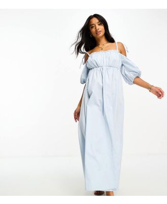 ASOS DESIGN Petite off shoulder cotton midi dress with ruched bust detail in cornflower blue