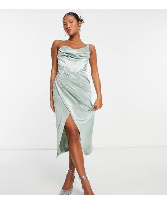 ASOS DESIGN Petite one shoulder satin drape corset detail midi dress in dark sage-Green