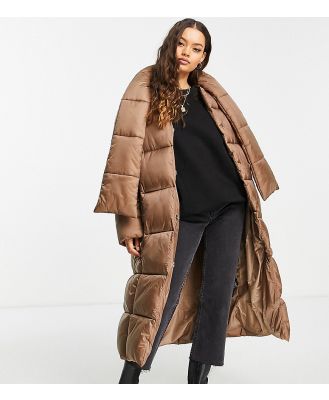 ASOS DESIGN Petite oversized puffer jacket with scarf in dark camel-Neutral