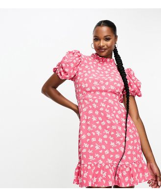ASOS DESIGN Petite pie crust neck puff sleeve mini tea dress in pink ditsy print-Multi
