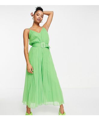 ASOS DESIGN Petite pleated cami jumpsuit with waist belt in green