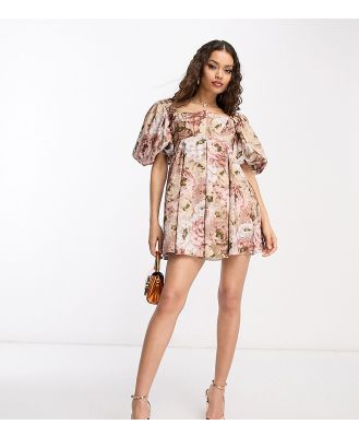 ASOS DESIGN Petite puff sleeve curved bust babydoll mini dress in floral-Multi