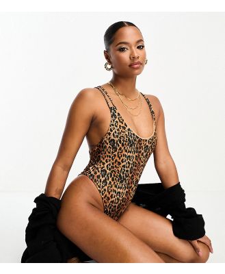 ASOS DESIGN Petite rib lattice strap swimsuit with high leg in leopard print-Multi