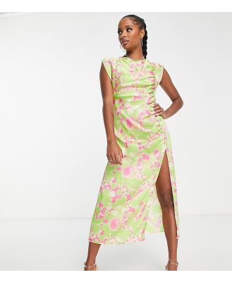 ASOS DESIGN Petite ruched side button cap sleeve satin midi dress in green floral print-Multi