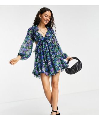 ASOS DESIGN Petite ruffle mini dress in blue floral with lace up back-Multi