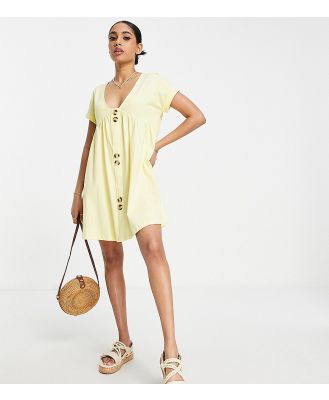 ASOS DESIGN Petite short sleeve mini smock dress with large button detail in lemon-Yellow