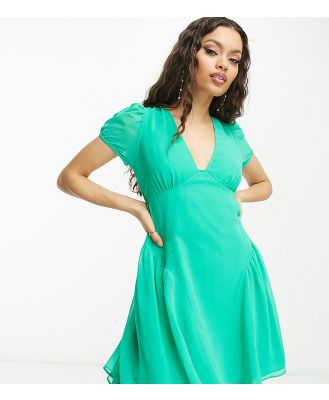 ASOS DESIGN Petite short sleeve v neck chiffon mini dress in emerald green
