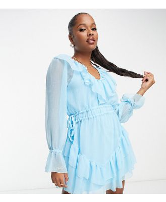 ASOS DESIGN Petite textured chiffon waisted mini dress with frills in blue