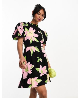 ASOS DESIGN pie crust neck puff sleeve mini tea dress in oversized black based floral print-Multi