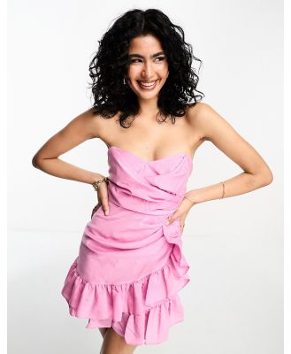 ASOS DESIGN pleated bandeau mini dress with ruffle detail in hot pink