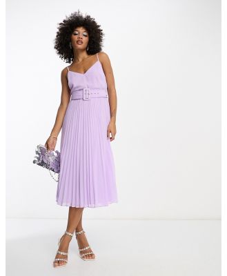 ASOS DESIGN pleated cami midi dress with self-covered belt in Lilac-Purple