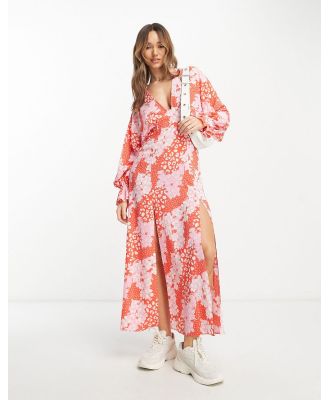 ASOS DESIGN plunge batwing maxi dress in pink splice print-Multi