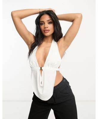 ASOS DESIGN plunge front halter cami with gold trim in ivory-White