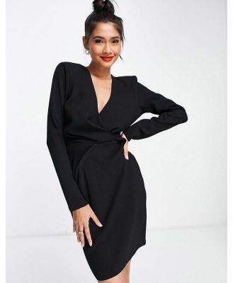 ASOS DESIGN plunge shoulder pad twist front mini dress in black