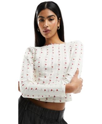 ASOS DESIGN printed pointelle scoop back top in ivory ditsy-White
