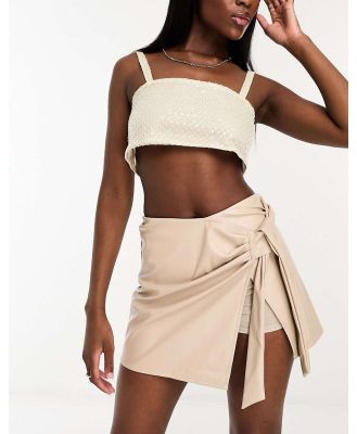 ASOS DESIGN PU wrap front skort in stone-Neutral