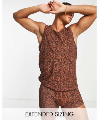 ASOS DESIGN pyjama set with singlet and trunks in brown tonal print