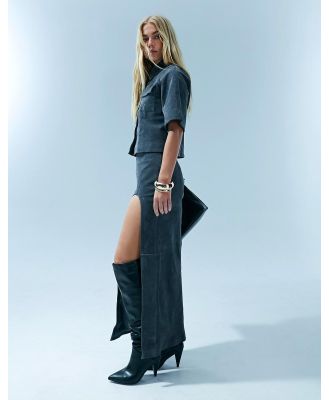 ASOS DESIGN real suede maxi skirt with high curved split in charcoal grey