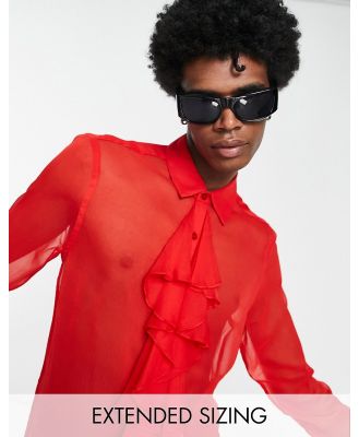 ASOS DESIGN regular sheer shirt with ruffle front detail in red