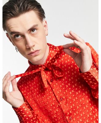 ASOS DESIGN regular shirt with pussybow tie neck in floral devore-Orange