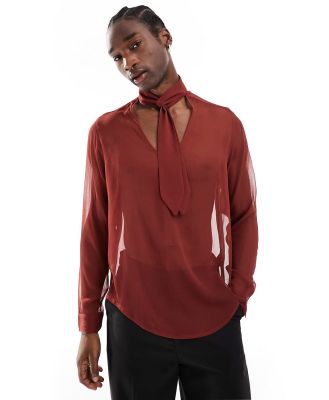 ASOS DESIGN relaxed deep v neck shirt with attached tie neck in rust-Brown