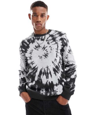 ASOS DESIGN relaxed knitted jumper in black with tie dye pattern-Grey