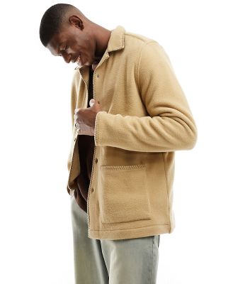 ASOS DESIGN relaxed revere shirt in fleece with brown contrast stitching in beige-Neutral
