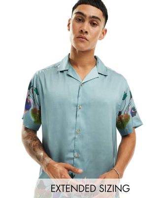 ASOS DESIGN relaxed revere shirt with border floral print-Blue