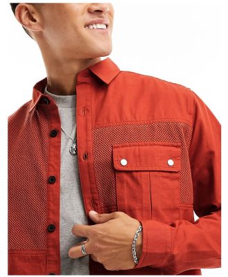 ASOS DESIGN relaxed shirt with mesh panels and cargo pockets in washed red