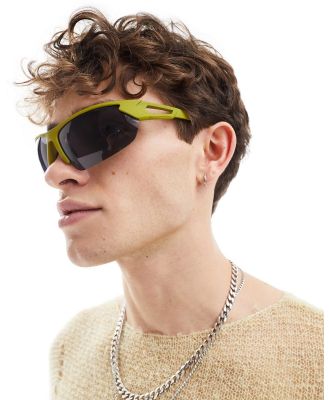 ASOS DESIGN rimless racer sunglasses with matte frame in khaki-Green