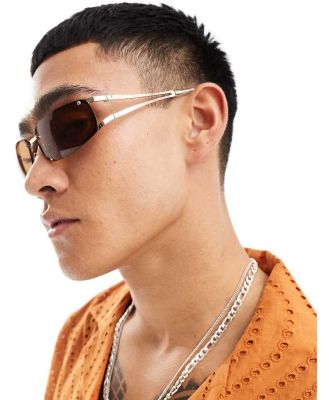 ASOS DESIGN rimless sunglasses in gold with brown lens