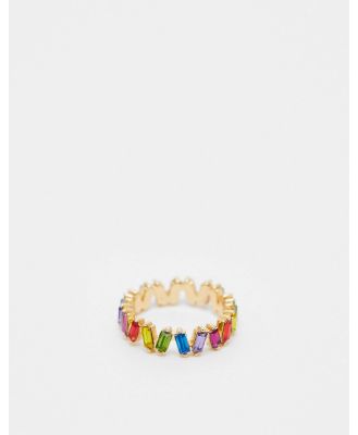 ASOS DESIGN ring with rainbow baguette crystals in gold tone