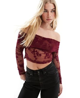 ASOS DESIGN ruched bardot top in wine floral-Red