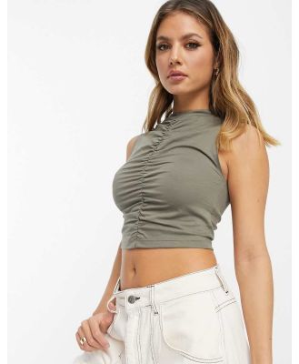 ASOS DESIGN ruched front high neck tank top in olive-Green