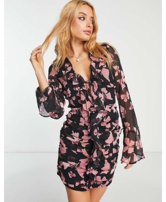 ASOS DESIGN ruched mini dress with fluted sleeves in butterfly print-Multi