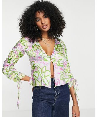 ASOS DESIGN ruched sleeve satin blouse with button front in green & pink abstract-Multi