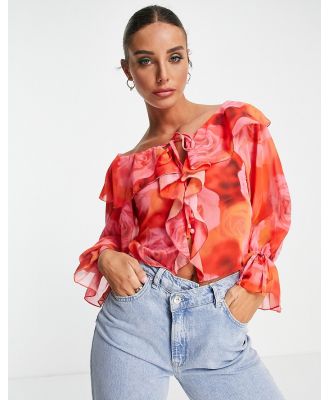 ASOS DESIGN ruffle front blouse with tie in blurred rose print-Multi