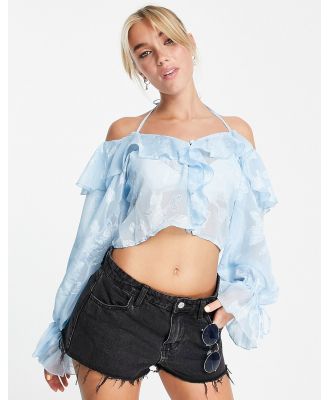 ASOS DESIGN ruffle front blouse with tie in sheer blue jacquard