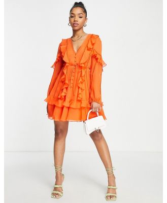 ASOS DESIGN Ruffle mini dress with button front and lace detail-Orange